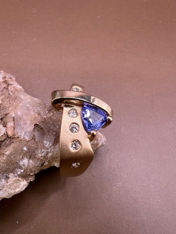 Tanzanite Ring | 14K Yellow Gold Ring | Genuine Tanzanite and Diamonds | Trillion Cut Tanzanite Ring