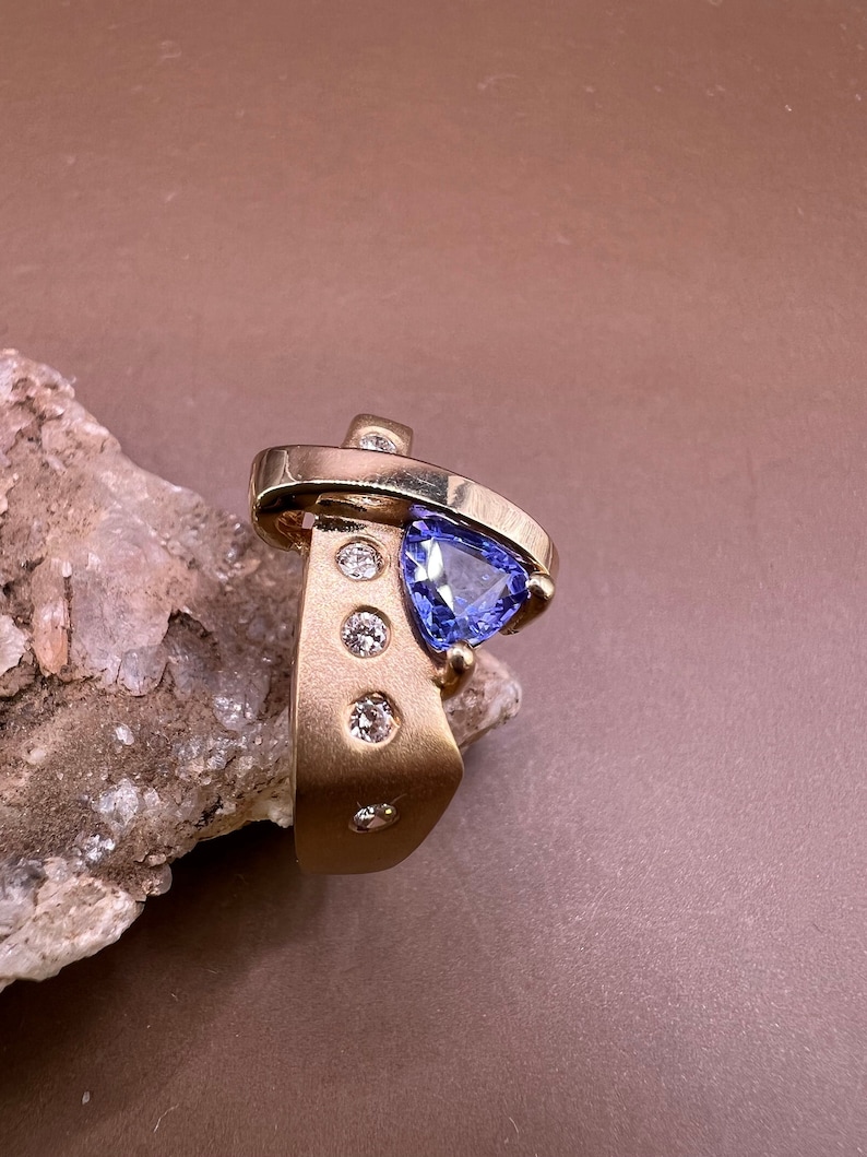 Tanzanite Ring | 14K Yellow Gold Ring | Genuine Tanzanite and Diamonds | Trillion Cut Tanzanite Ring image 1