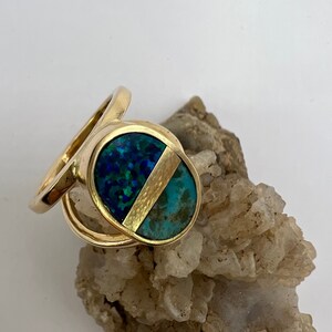14K Yellow Gold Ladies Ring | Turquoise and Black Opal Ring | Intarsia Style Ring | Oval Shaped Intarsia | Handmade Turquoise and Opal Ring