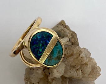 14K Yellow Gold Ladies Ring | Turquoise and Black Opal Ring | Intarsia Style Ring | Oval Shaped Intarsia | Handmade Turquoise and Opal Ring