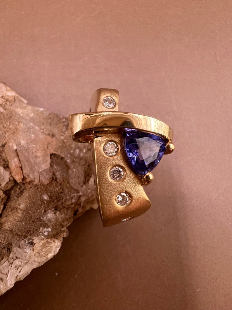 Tanzanite Ring | 14K Yellow Gold Ring | Genuine Tanzanite and Diamonds | Trillion Cut Tanzanite Ring image 5