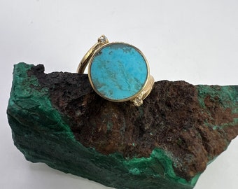 Anillo de oro amarillo de 14 quilates para mujer / Turquesa y diamante / Anillo de turquesa de talla redonda / Joyería de turquesa hecha a mano