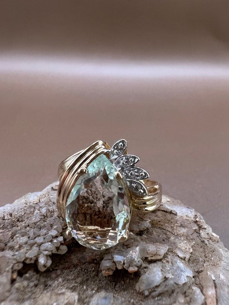 Aquamarine Ring | 14K Yellow Gold Ring | Genuine Aquamarine and Diamonds | Pear Shaped Aquamarine Ring image 7