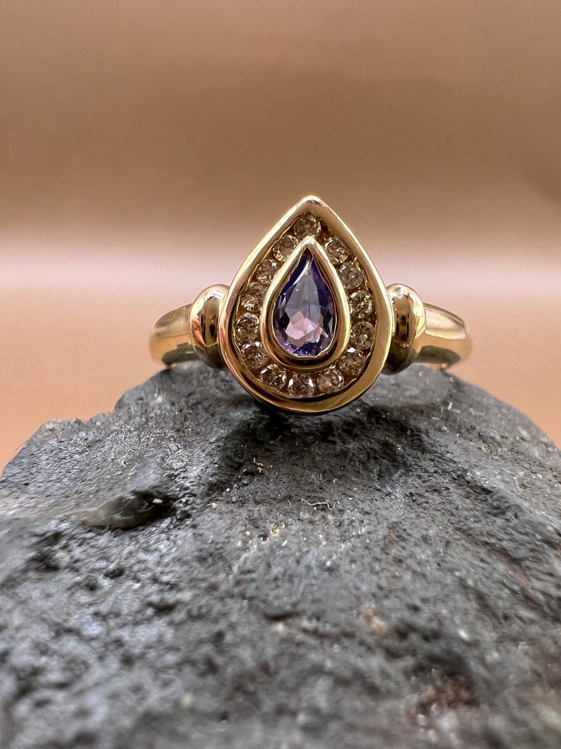 Tanzanite Ring | 14K Yellow Gold Ring | Genuine Tanzanite and Diamonds | Pear Shaped Tanzanite Ring image 3