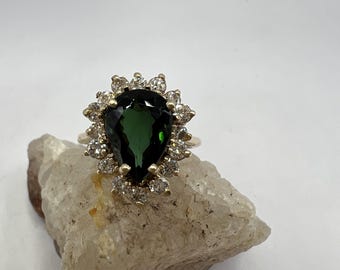 14K Yellow Gold Ladies Ring | Green Tourmaline Ring | Pear Shaped Green Tourmaline and Diamond Ring
