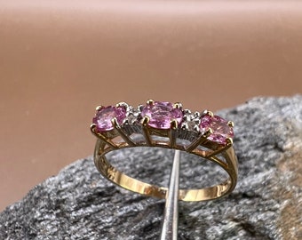 Pink Sapphire Ring | 14K Yellow Gold Ring |  Oval Shaped Sapphires | Genuine Diamonds