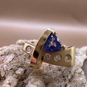 Tanzanite Ring | 14K Yellow Gold Ring | Genuine Tanzanite and Diamonds | Trillion Cut Tanzanite Ring image 4