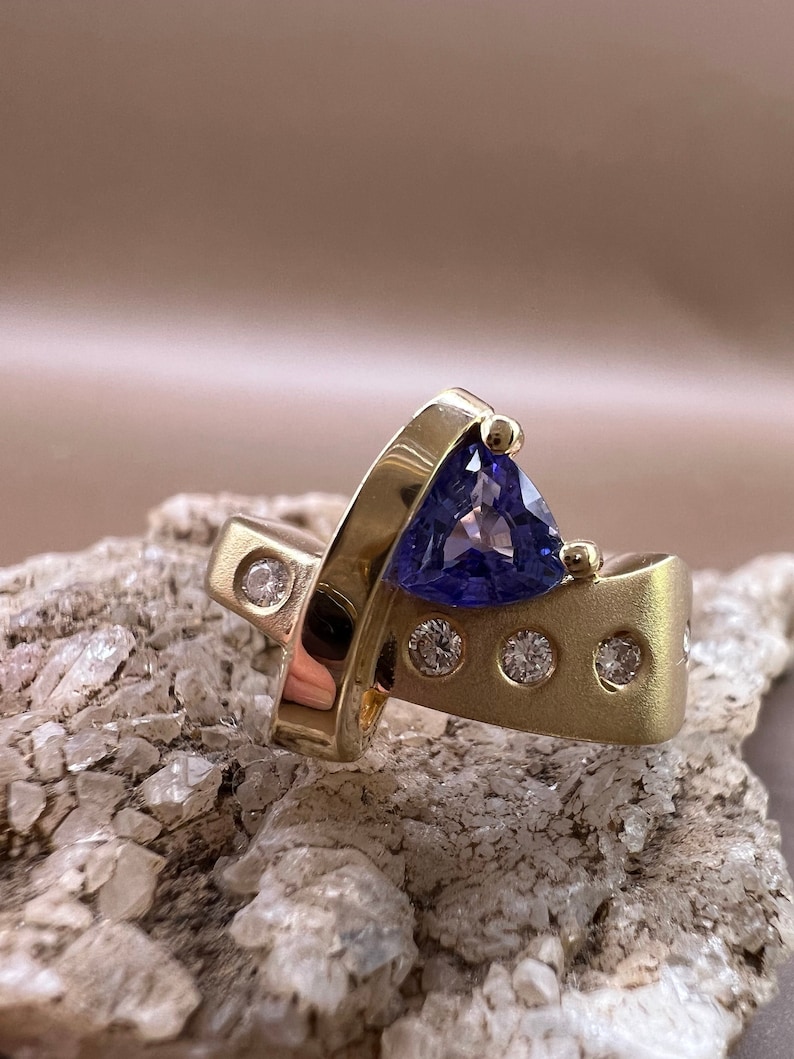 Tanzanite Ring | 14K Yellow Gold Ring | Genuine Tanzanite and Diamonds | Trillion Cut Tanzanite Ring image 4