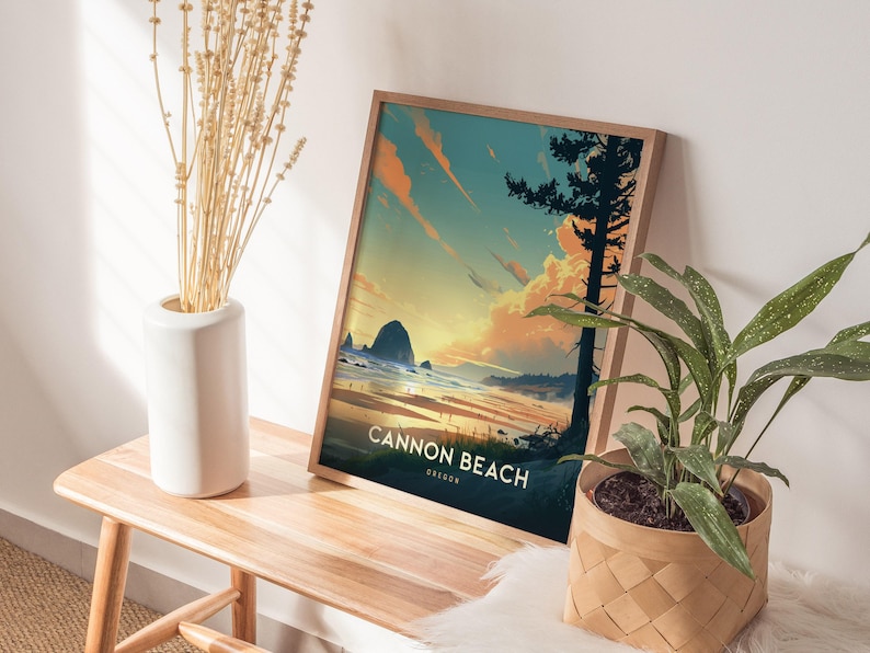 Cannon Beach Oregon Poster: Haystack Rock Coastal Art, Pacific Northwest Print, Oregon Coast Gift, Beach Decor, Vintage, Framed or Unframed image 4