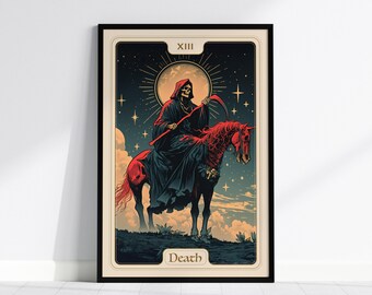 Death Major Arcana Tarot Karte gerahmtes Poster - Karte 13 Sensenmann Kunstwerk Wahrsagen Jugendstil Fortune Dark Academia Design Dekor Geschenk Set