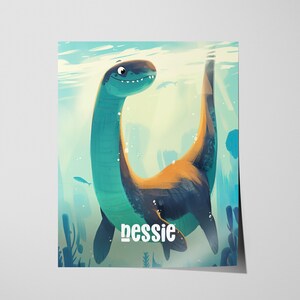 May include: Illustration of a cartoon-style plesiosaur swimming underwater. The creature has a teal body, an orange and dark blue back, and a smiling face. The word "nessie" is written in white at the bottom.