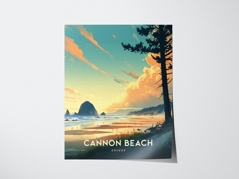 Cannon Beach Oregon Poster: Haystack Rock Coastal Art, Pacific Northwest Print, Oregon Coast Gift, Beach Decor, Vintage, Framed or Unframed image 2