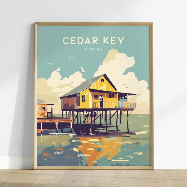 Cedar Key, Florida Framed Wall Art - Old Florida Fishing Town Poster Design Travel Print Collection Home Office Beach Island Decor