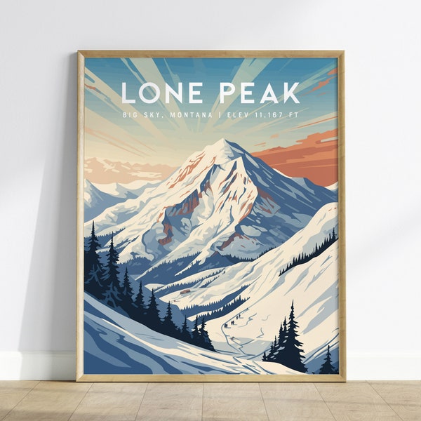 Lone Peak, Big Sky, Montana Framed Wall Art | Mountain Ski Resort Skiing Snowboard Poster Design Print Travel Artwork Summit Gift Decor