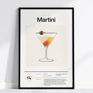 Impresión de cóctel Martini: receta clásica de ginebra con diseño minimalista, con o sin marco, ideal para el bar, la cocina o como decoración de pared vintage.