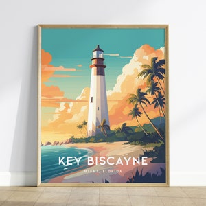 Póster con marco de arte mural del faro de Key Biscayne, Miami, Florida: impresión de viaje estilo tropical de la isla del parque estatal de Cape Beach de Bill Baggs
