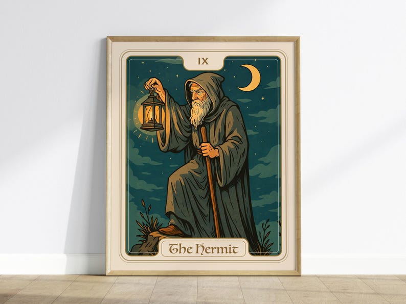 the-hermit-tarot-card-print-vintage-mystic-art-spiritual-decor-etsy