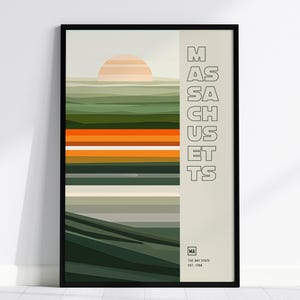 Póster de Massachusetts, The Bay State: arte moderno abstracto de mediados de siglo, disponible con o sin marco, perfecto para la decoración moderna del hogar o la oficina