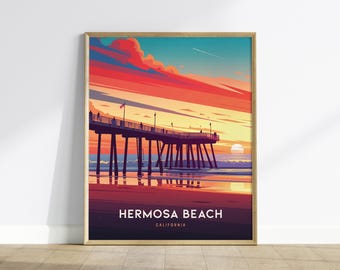 Hermosa Beach Pier zonsondergangposter: muurkunst Californië kust, ingelijste of niet-ingelijste print