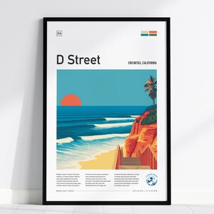 D Street Surf Spot Encinitas California Framed Poster North San Diego Moonlight Beach Travel Print Surfer Decor Surfing Minimal Design Gift