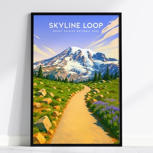 Affiche du sentier en boucle de la ligne d'horizon - impression du parc national du mont Rainier, encadré ou sans cadre, art mural sentier de randonnée, déco Washington, art mural suspendu
