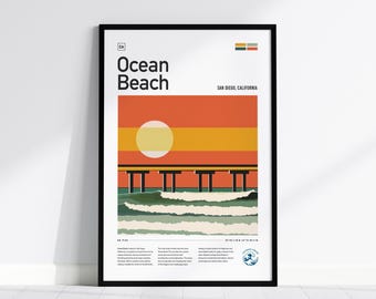 Ocean Beach San Diego Framed Poster: Sunset Pier Surf Art