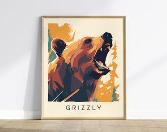 Grizzly Bear Art Print: Wildlife Series, Modern Cabin Decor