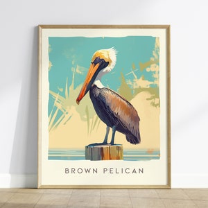 Arte de pared enmarcado con diseño de póster de aves tropicales del océano, pelícano pardo, vida silvestre de Florida, impresión de viaje, decoración para el hogar, playa, cabaña, pesca