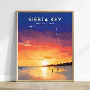 Obra de arte de pared con puesta de sol en Siesta Key / Diseño de póster con amanecer en la playa de Sarasota / Impresión enmarcada con el océano de Florida / Colección de decoración para el hogar en vacaciones costeras