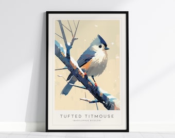 Tufted Titmouse Art Print: Modern Bird Illustration, Framed or Unframed Nature Poster