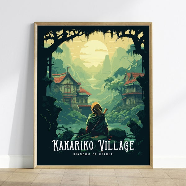Art mural encadré Zelda Kakariko Village | Poster Hyrule | Lien impression sans cadre | Gamer Legend Ensemble de décoration d'intérieur TOTK BOTW JRPG