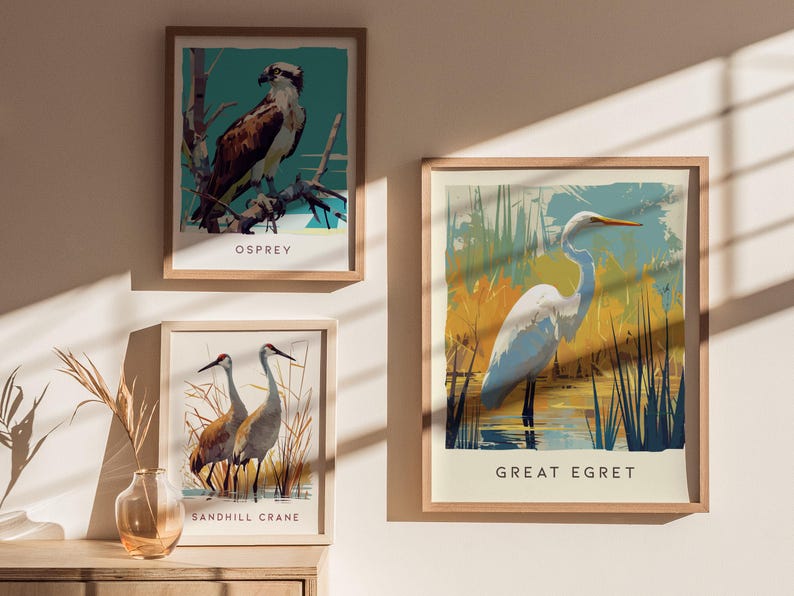 Biała czapla, Floryda Ptaki Dzikie Zwierzęta Oprawione Ścienne Sztuka: Plakat z Ptakami Przyrodniczymi Projekt Podróży Wydruk Jezioro Dom Plaża Domek Ptaki Dekoracje Zestaw zdjęcie 2