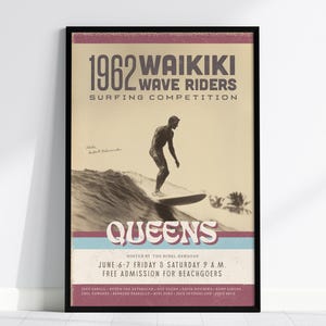 1962 Waikiki Wellenreiter Vintage Surf Poster | Longboard Classic Surfing Wettbewerb Kunst | Retro Hawaii Oahu gerahmter Druck Surfer Dekor Geschenk