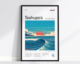 Teahupo'o Wave 額入りポスター：タヒチのサーフアート、モダンデザイン