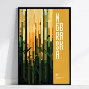 Póster minimalista del estado de Nebraska: vibrante campo agrícola abstracto. Disponible con o sin marco. Ideal para decoración del hogar y la oficina. Arte mural.