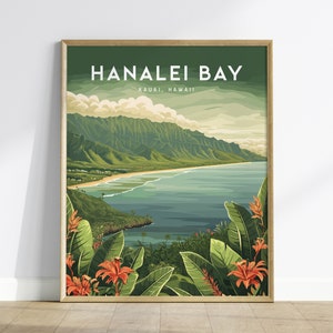 Hanalei Bay, Kauai, Hawaii - Princeville North Shore Framed Wall Art Poster Design Travel Artwork Hawaiian Island Beach Surf Gift Home Decor