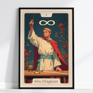 Póster enmarcado de la carta del tarot de los Arcanos Mayores del Mago - Rider Waite Artwork Adivinación Art Nouveau Fortuna Dark Academia Diseño Decoración Set de regalo