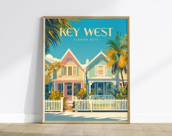 Key West, Florida Keys Framed Wall Art - Pastel Beach Cottages Vacation Rental Poster Design Travel Print Home Cottage Decor Collection Set