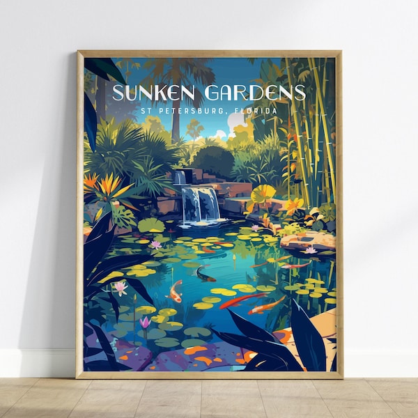 Sunken Gardens St. Petersburg Print: Arte de jardim tropical com lagoa de carpas, emoldurada ou sem moldura