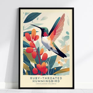 Arte de pared enmarcado moderno de colibrí garganta rubí, póster de aves silvestres de naturaleza minimalista Cottagecore, impresión de viaje de Audubon Decor, regalo para observadores de aves