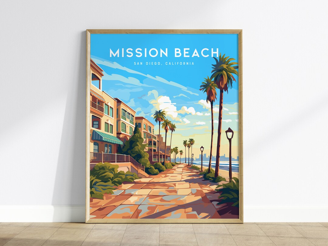 Mission Beach San Diego Framed Wall Art Ocean Boardwalk Poster Design California Belmont Park