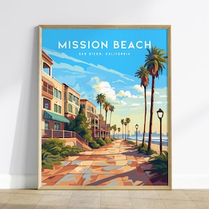 Mission Beach San Diego gerahmte Wandkunst | Poster Design Meeres Boardwalk | Kalifornischer Belmont Park Druck | Surfer Geschenk Set