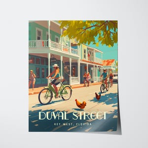 May include: A poster featuring a colourful illustration of Duval Street in Key West, Florida. People are cycling and walking along the street. The poster includes the text "DUVAL STREET" and "KEY WEST, FLORIDA". Chickens are walking on the street.
