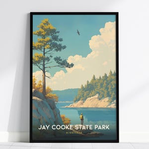 Póster del parque estatal Jay Cooke, Minnesota: escena de excursionista junto al río, disponible con o sin marco, regalo perfecto para amantes de la naturaleza, decoración de Minnesota