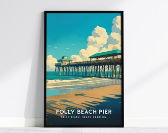 Folly Beach Pier, Charleston, South Carolina - Fishing Pier Wall Art Travel Poster Print Zuidoost Home Decor Southern Charm Surfer Gift