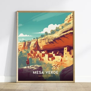 Póster del Parque Nacional Mesa Verde, arte mural del sitio arqueológico de Colorado, impresión de Mesa Verde con o sin marco, recuerdo del Parque Nacional