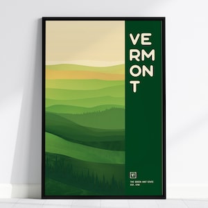 Póster de Vermont, el estado de las montañas verdes: arte paisajístico minimalista, disponible con o sin marco, perfecto para la decoración del hogar y la oficina