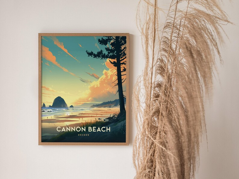 Cannon Beach Oregon Poster: Haystack Rock Coastal Art, Pacific Northwest Print, Oregon Coast Gift, Beach Decor, Vintage, Framed or Unframed image 5