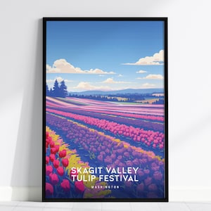 Affiche du festival des tulipes de la vallée de la Skagit - impression de paysage de printemps de Washington, art mural encadré, décoration champ de fleurs sauvages, art mural nord-ouest du Pacifique