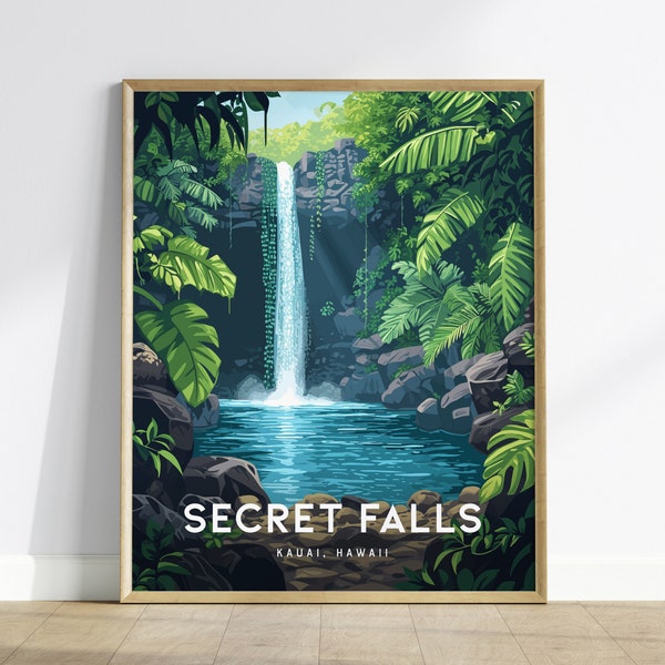 Secret Falls, Kauai, Hawaii | Uluwehi Waterfall | Island Framed Wall Art Poster Kayak Travel Artwork Hawaiian Lush Tropical Gift Hike Decor